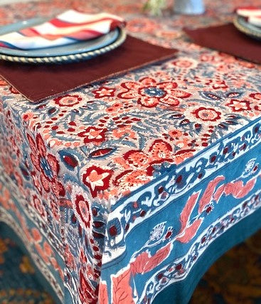 Dramatic Block Print Floral Tablecloth is On Trend. Bold, Strong Colors. (60 X 90)