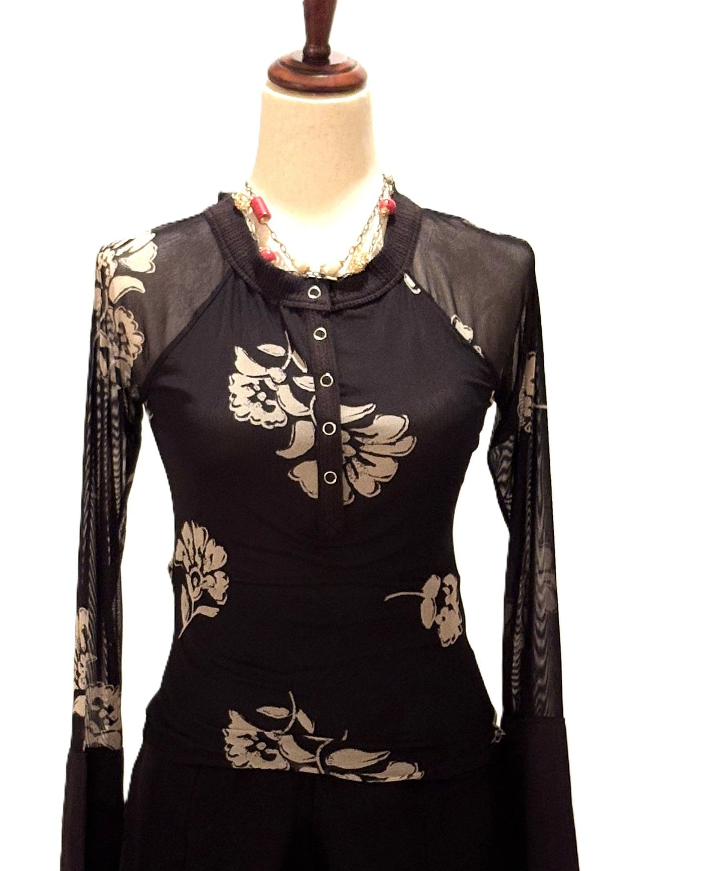 Tops: Floral-Print Mesh Raglan-Sleeve Henley Top (Black)