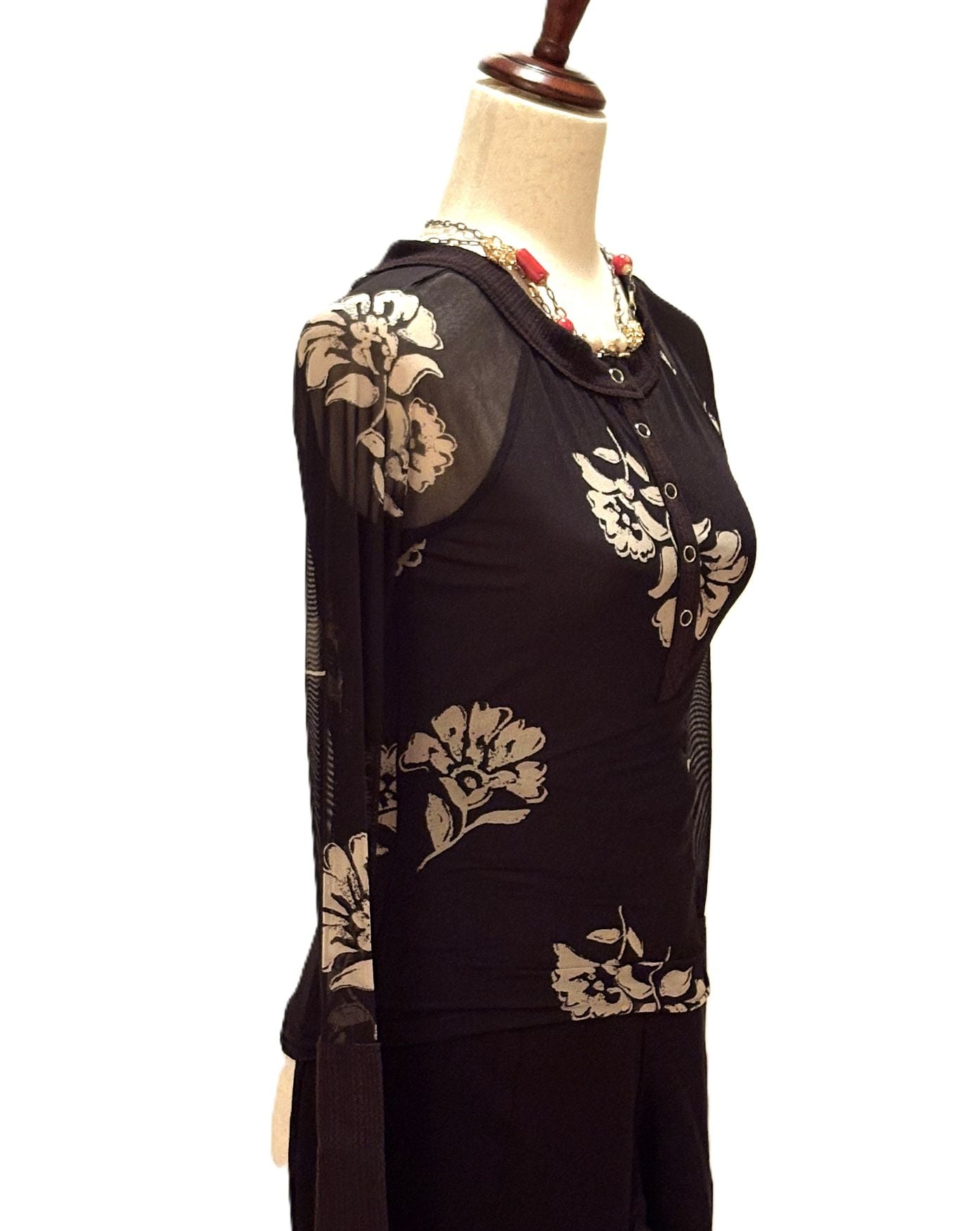 Tops: Floral-Print Mesh Raglan-Sleeve Henley Top (Black)