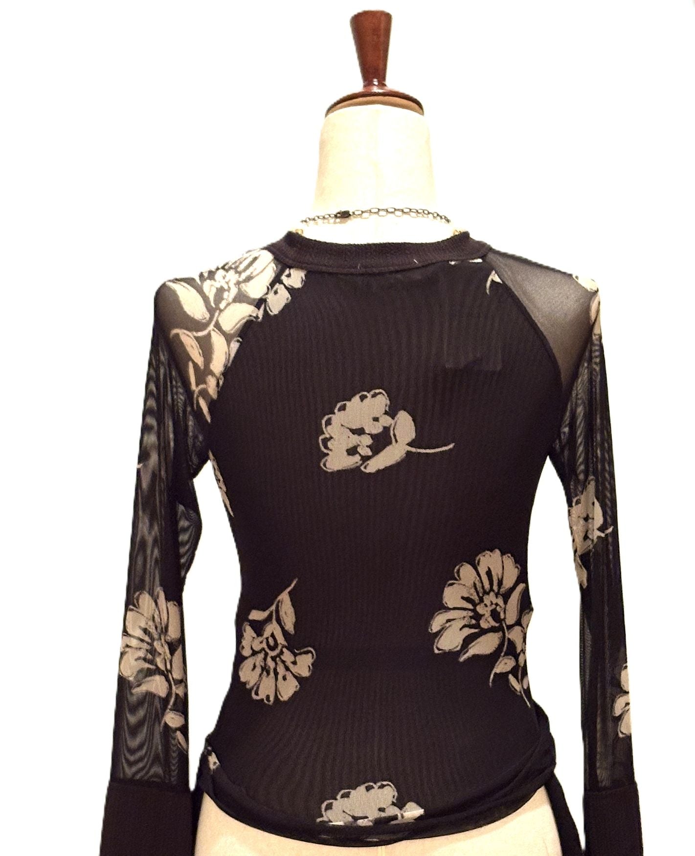Tops: Floral-Print Mesh Raglan-Sleeve Henley Top (Black)