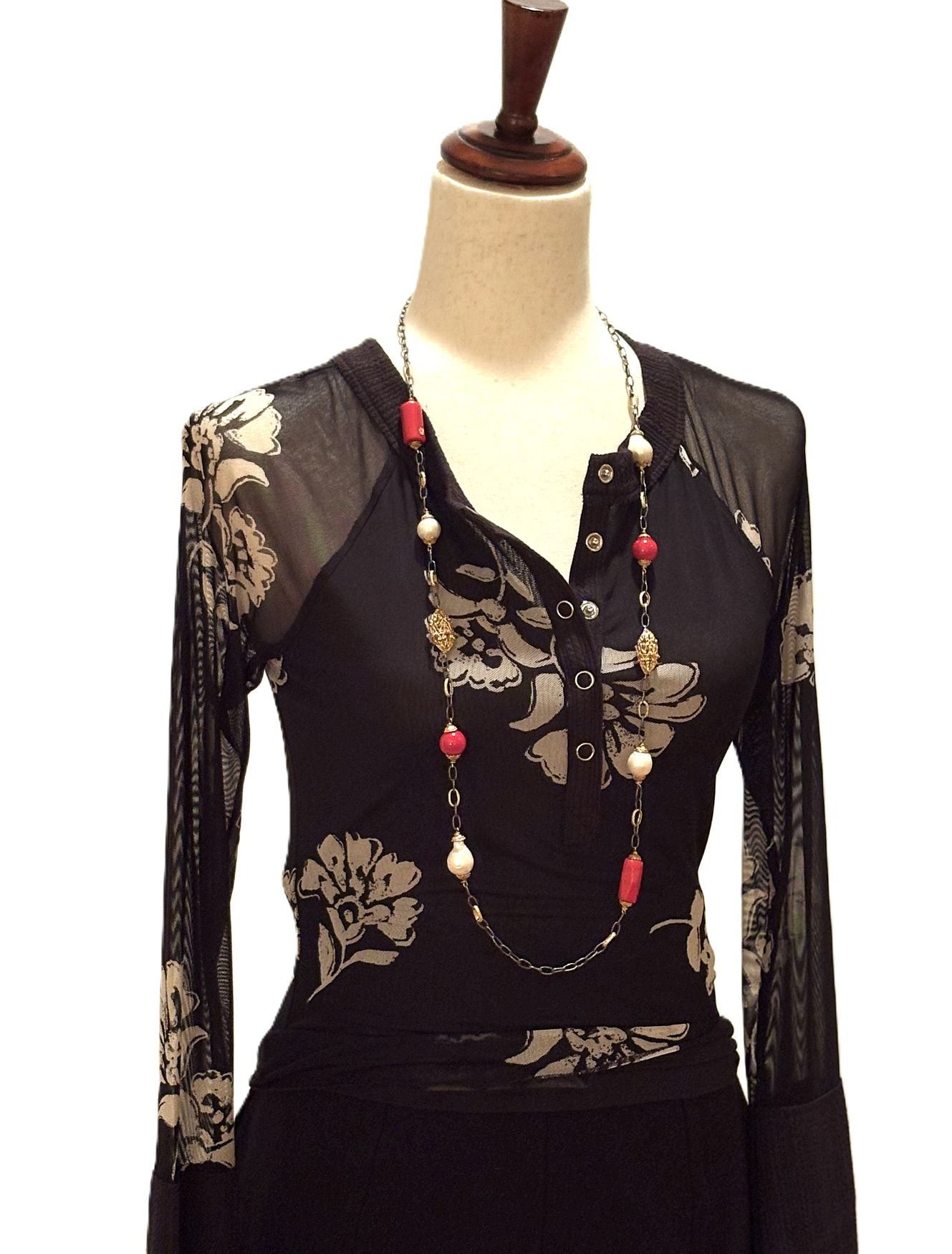 Tops: Floral-Print Mesh Raglan-Sleeve Henley Top (Black)