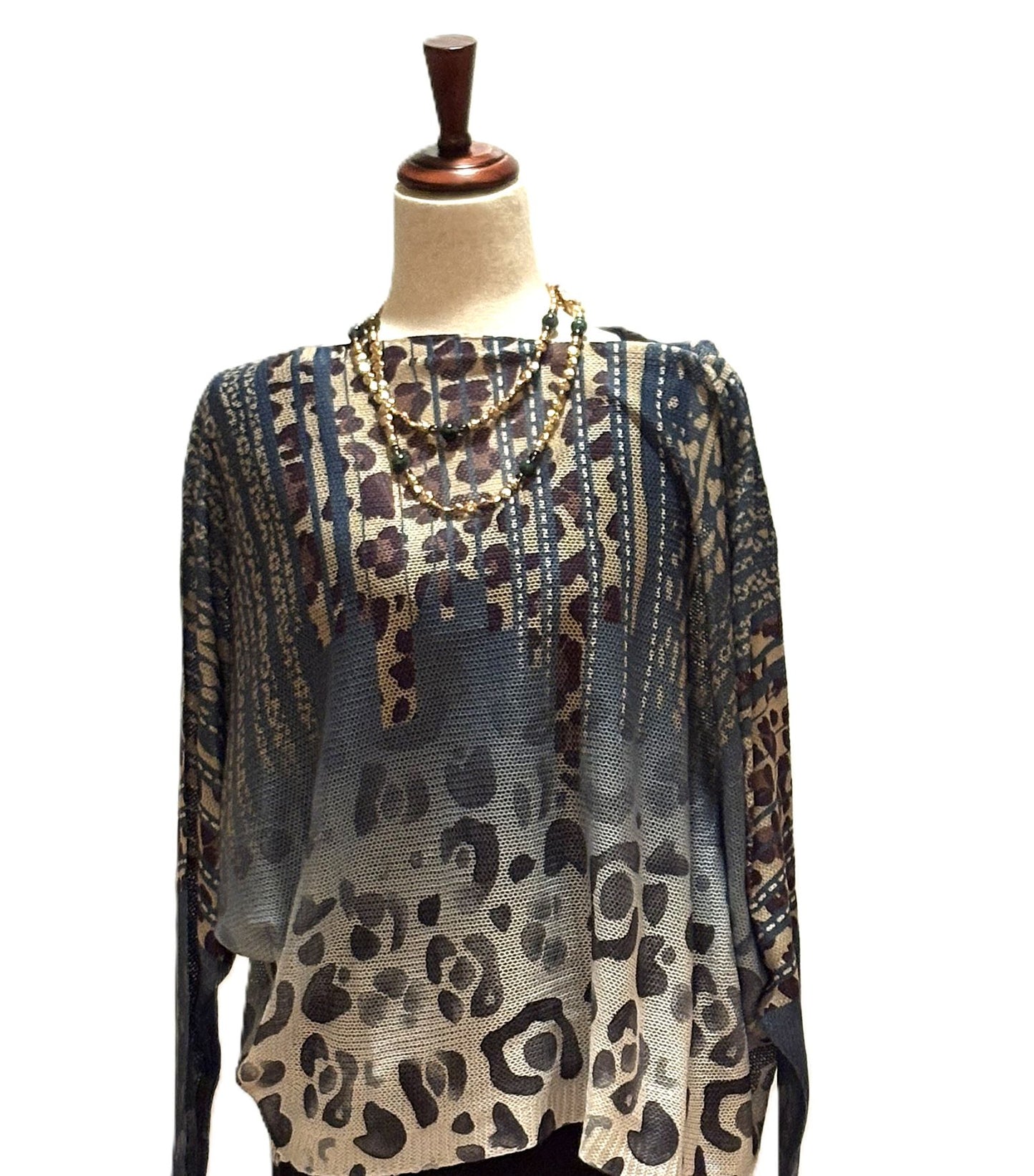 Italian Knit Sweater, Abstract Animal Print With Blue