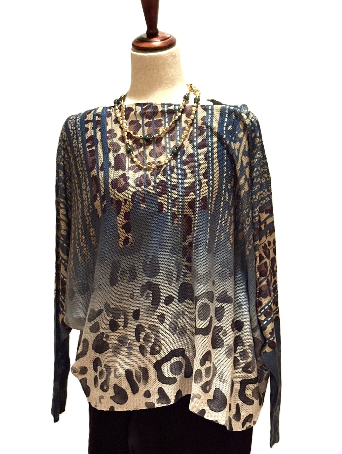 Italian Knit Sweater, Abstract Animal Print With Blue