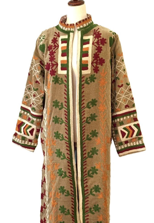 Jacket - Wearable Art, Hand Embroidered Kimono Coat (Camel)