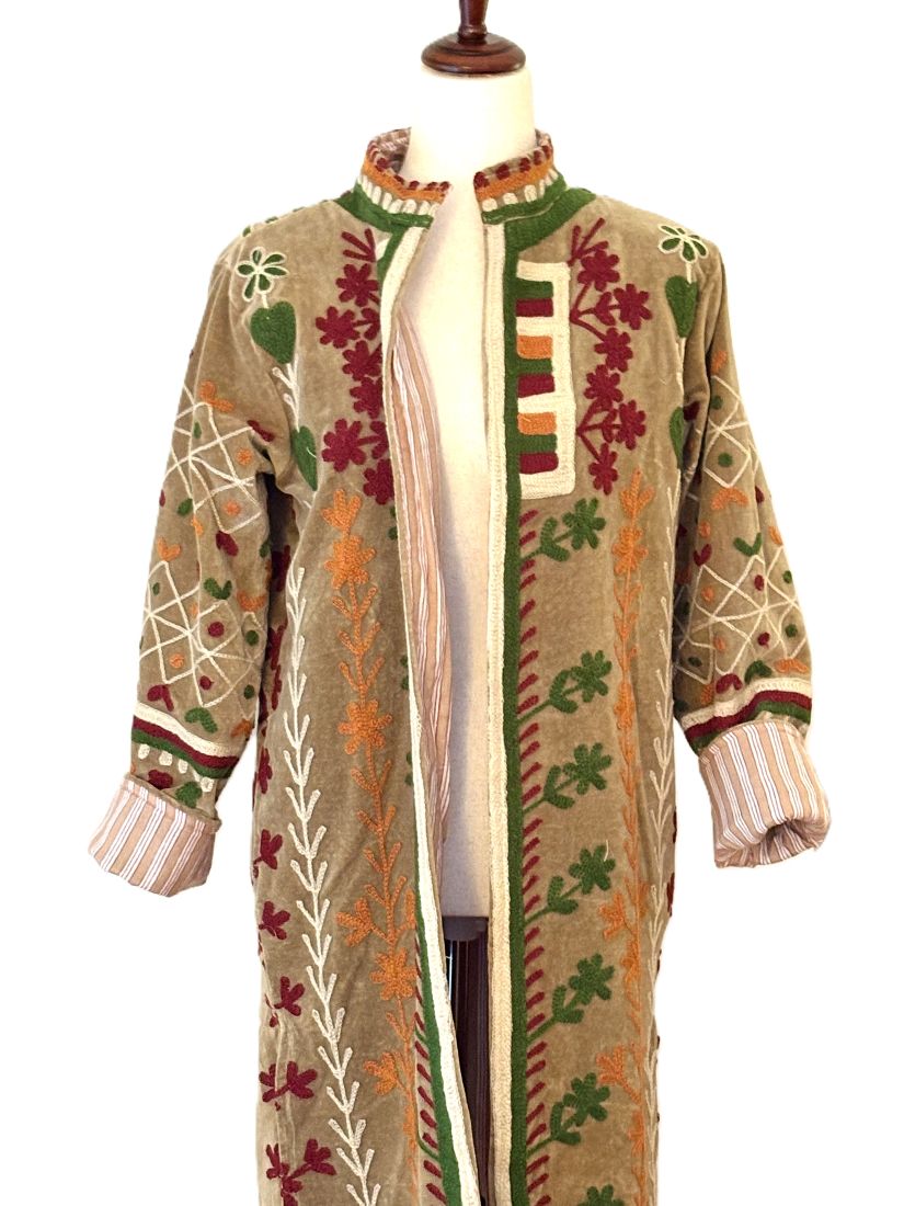 Jacket - Wearable Art, Hand Embroidered Kimono Coat (Camel)