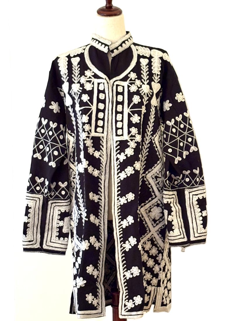 Jacket - Wearable Art, Hand Embroidered Boho Kimono Coat (Black and White)