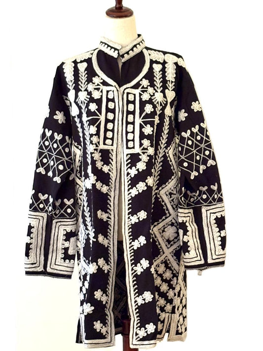 Jacket - Wearable Art, Hand Embroidered Boho Kimono Coat (Black and White)