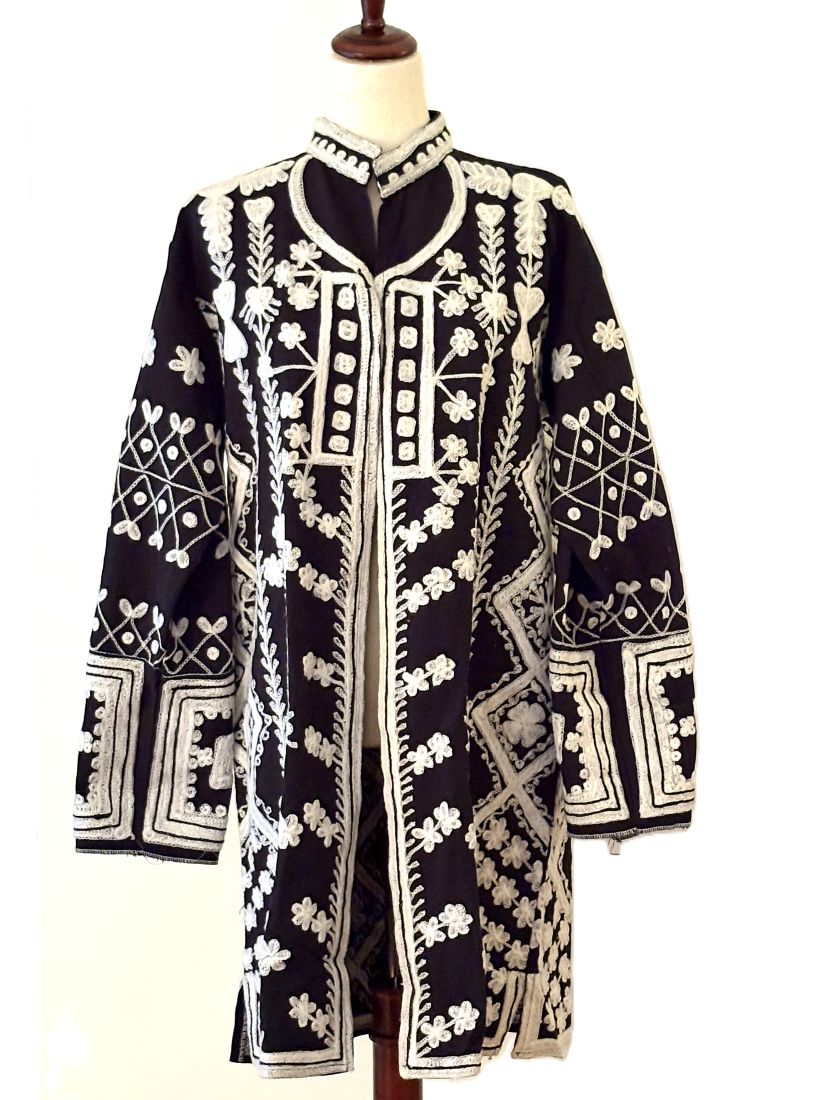Jacket - Wearable Art, Hand Embroidered Boho Kimono Coat (Black and White)