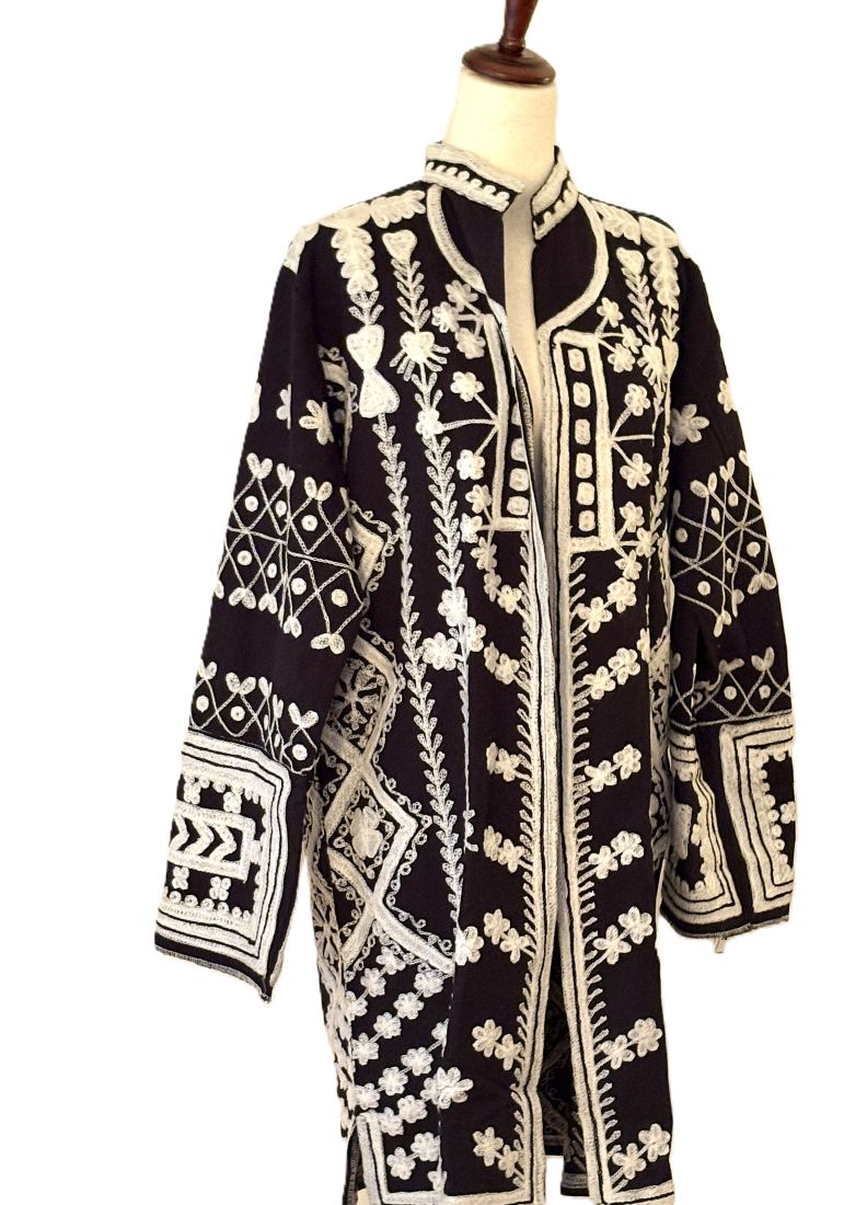 Jacket - Wearable Art, Hand Embroidered Boho Kimono Coat (Black and White)