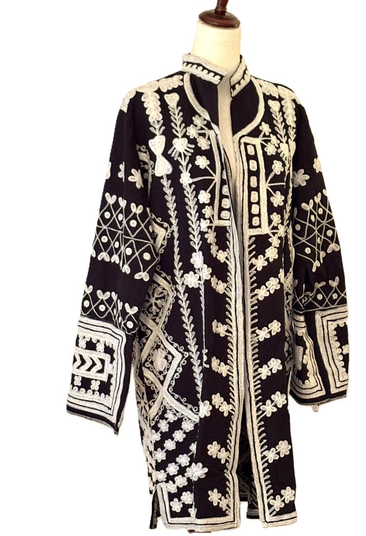 Jacket - Wearable Art, Hand Embroidered Boho Kimono Coat (Black and White)