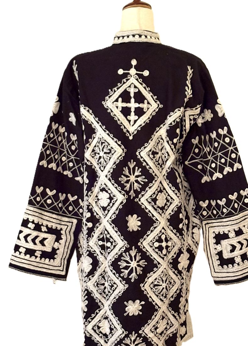 Jacket - Wearable Art, Hand Embroidered Boho Kimono Coat (Black and White)