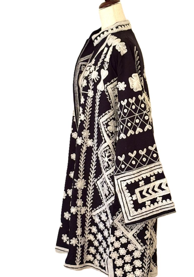 Jacket - Wearable Art, Hand Embroidered Boho Kimono Coat (Black and White)