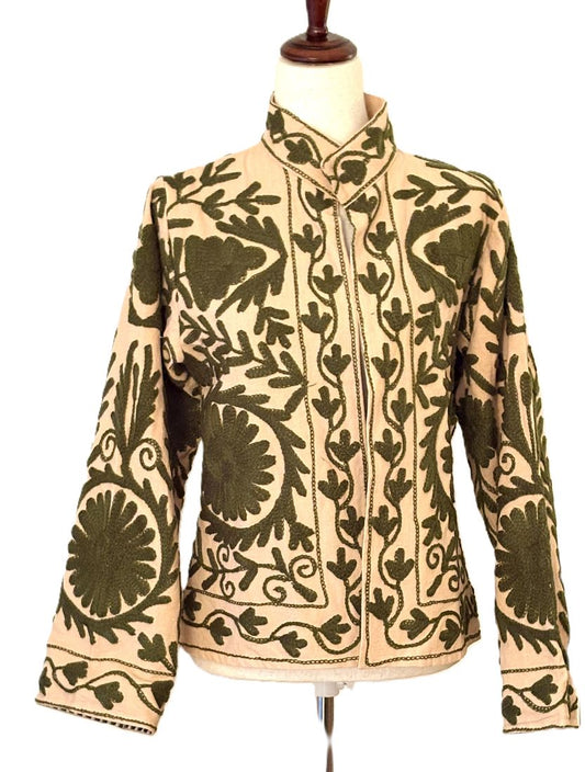 Jacket, Wearable Art In This Hand Embroidered Short, Sophisticated Blazer (Khaki)