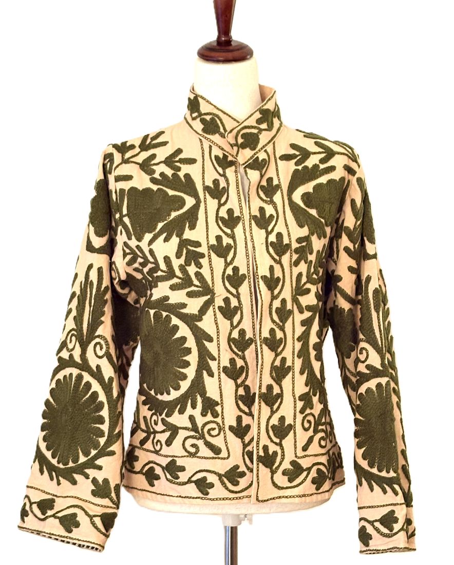 Jacket, Wearable Art In This Hand Embroidered Short, Sophisticated Blazer (Khaki)