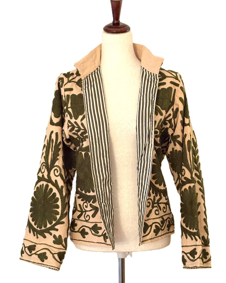 Jacket, Wearable Art In This Hand Embroidered Short, Sophisticated Blazer (Khaki)