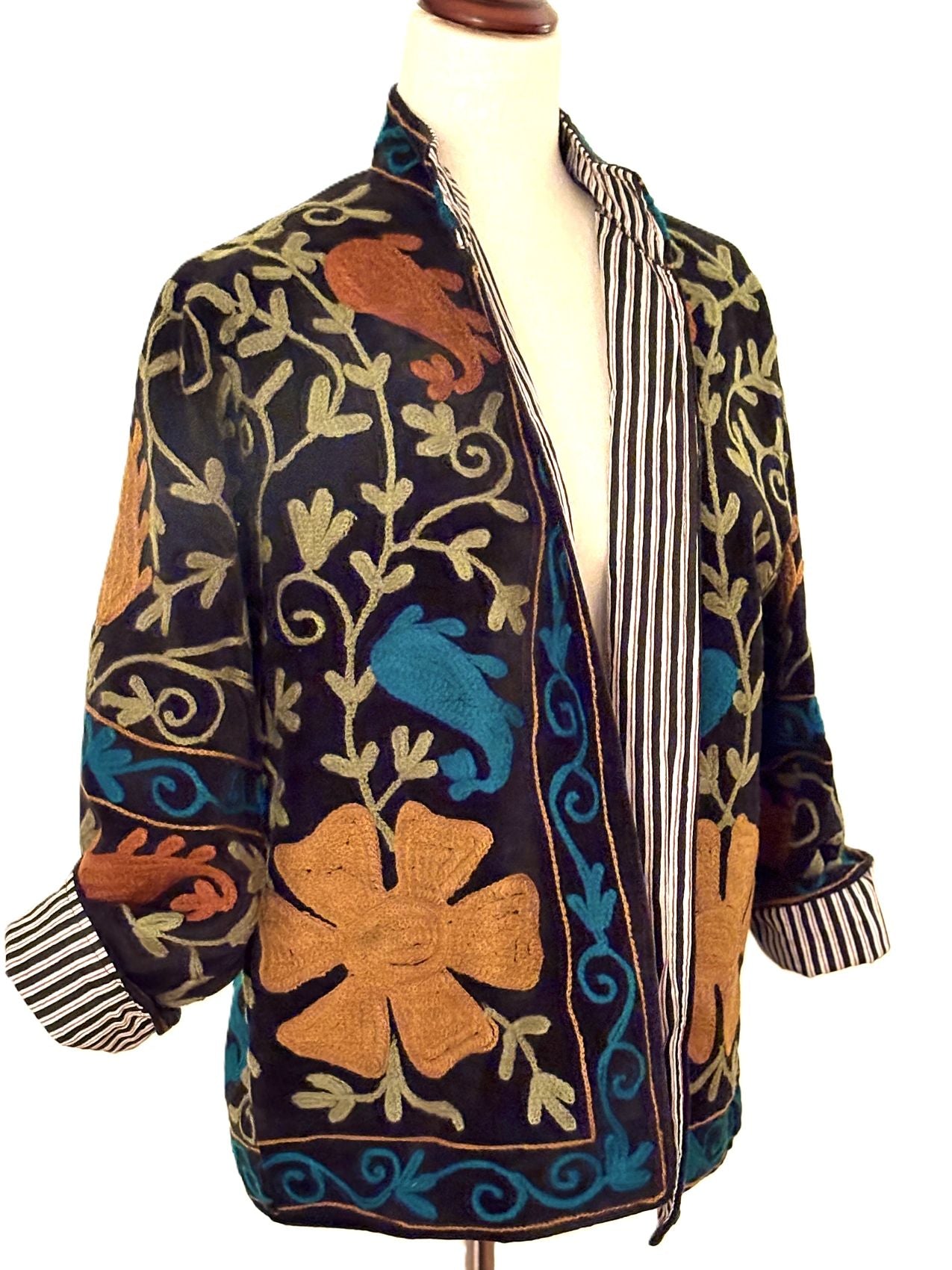 Jacket,  Wearable Art In This Hand Embroidered Velvet Short Jacket, Fully Reversible. (Black)