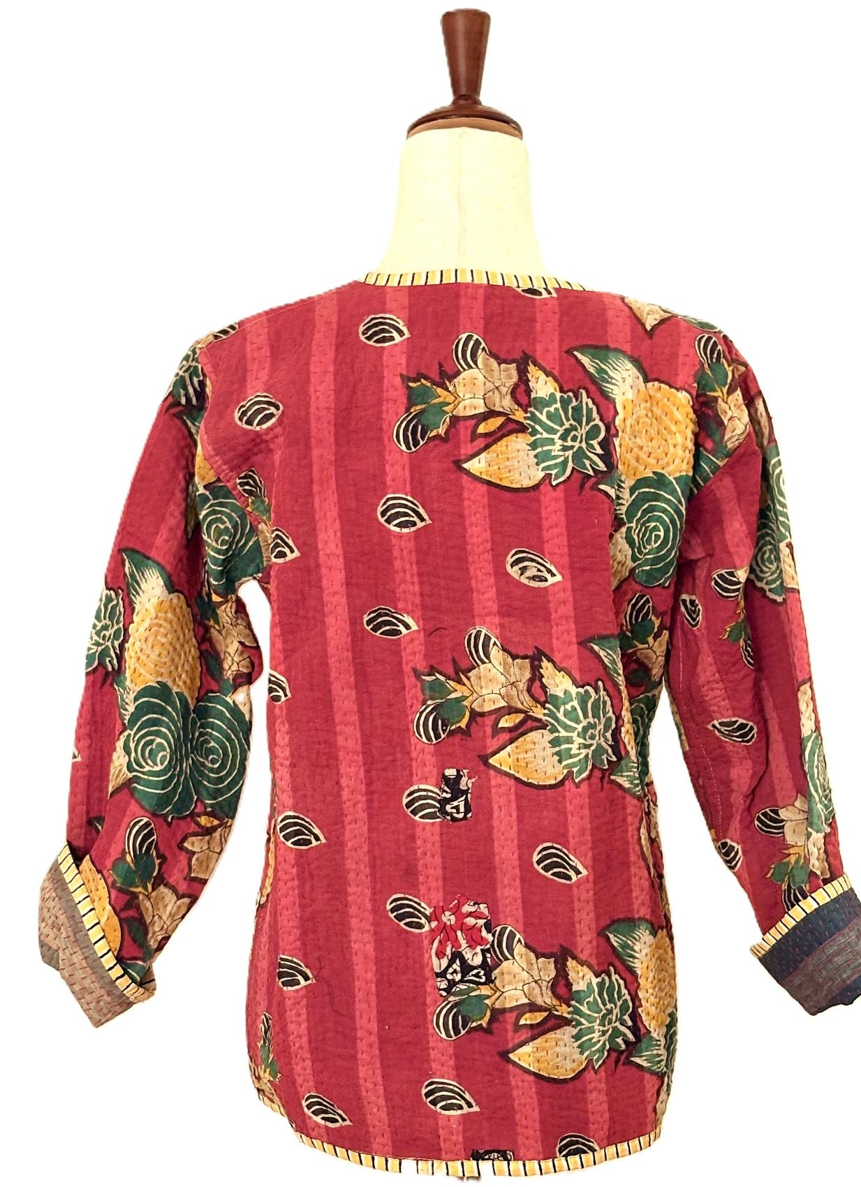 Jackets, Fully Reversible Short Quilted Jacket With Kantha Stitching. (Red)