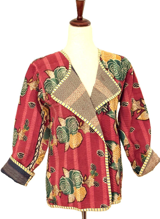 Jackets, Fully Reversible Short Quilted Jacket With Kantha Stitching. (Red)