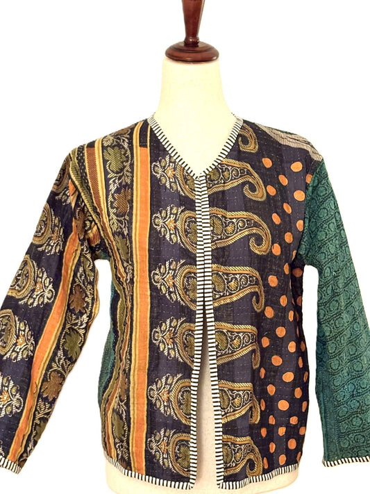 Jackets, Fully Reversible Short Quilted Jacket With Kantha Stitching.