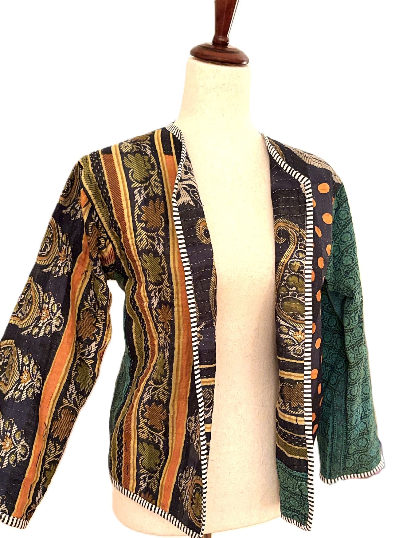 Jackets, Fully Reversible Short Quilted Jacket With Kantha Stitching.