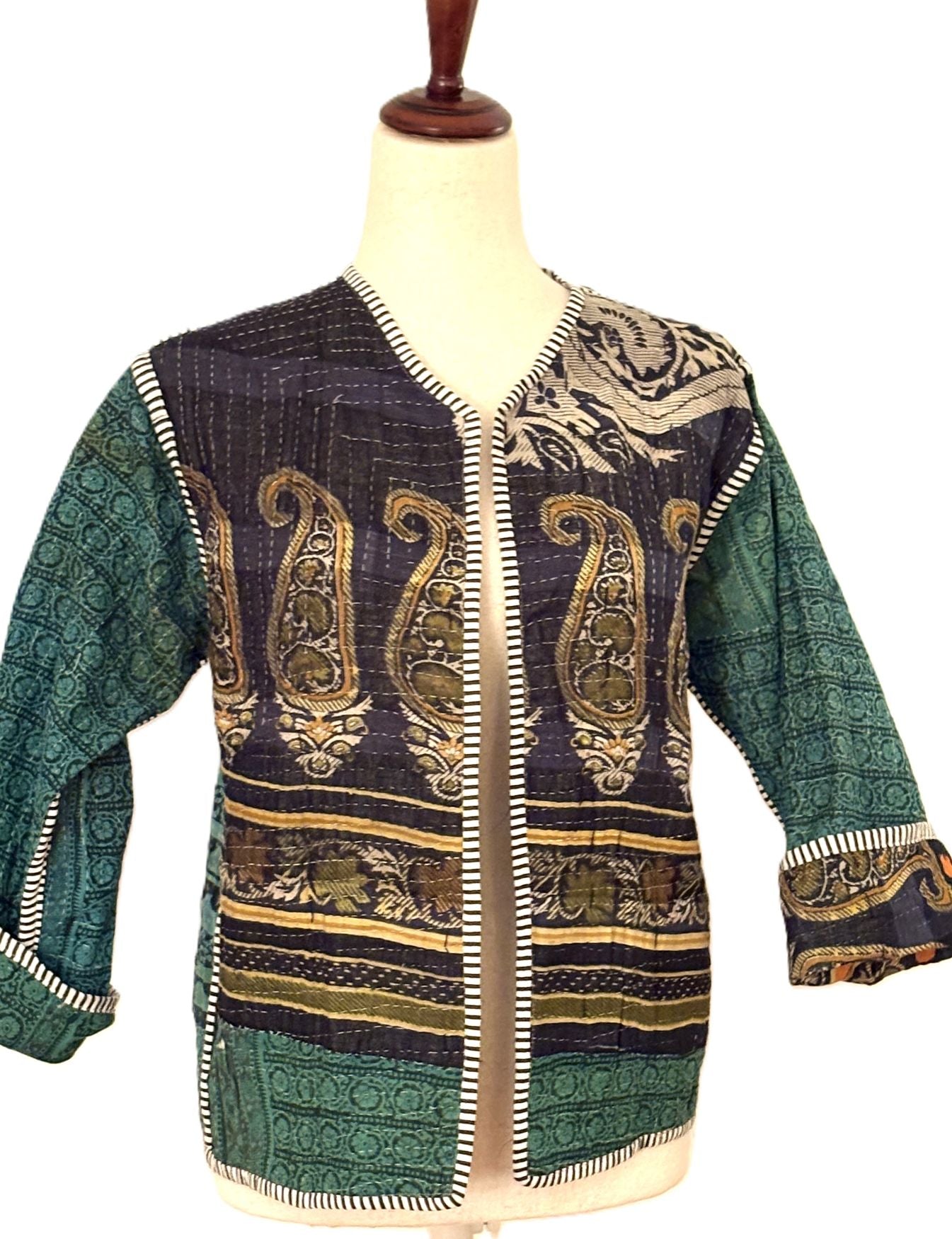 Jackets, Fully Reversible Short Quilted Jacket With Kantha Stitching.