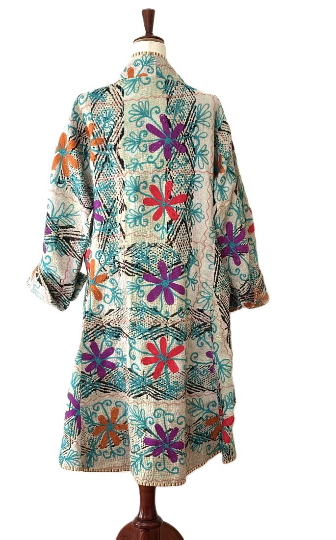 Tulip Cut Waist Coat Is Fully Reversible With Suzani And Kantha Stitching. (Green Blue)