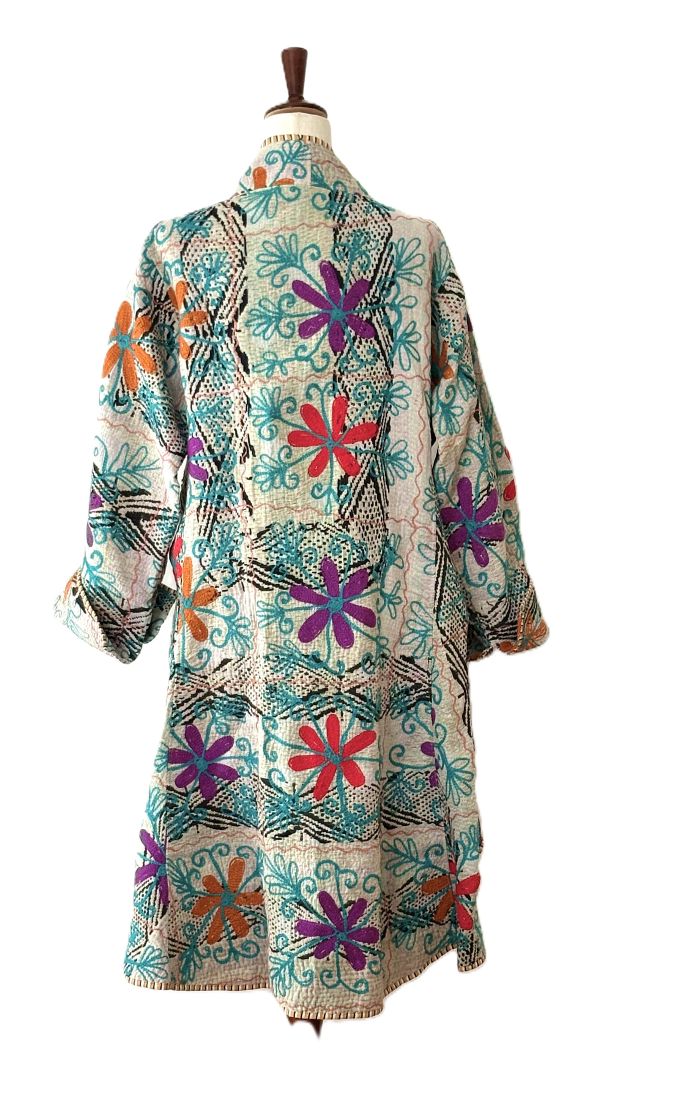 Tulip Cut Waist Coat Is Fully Reversible With Suzani And Kantha Stitching. (Green Blue)