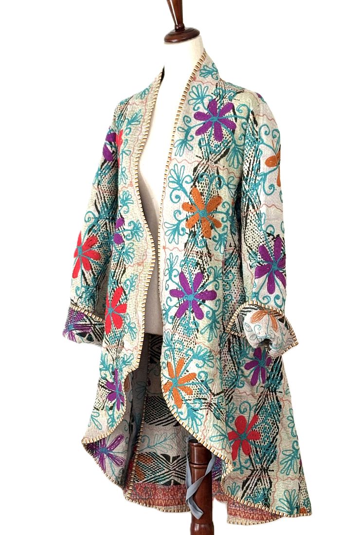 Tulip Cut Waist Coat Is Fully Reversible With Suzani And Kantha Stitching. (Green Blue)