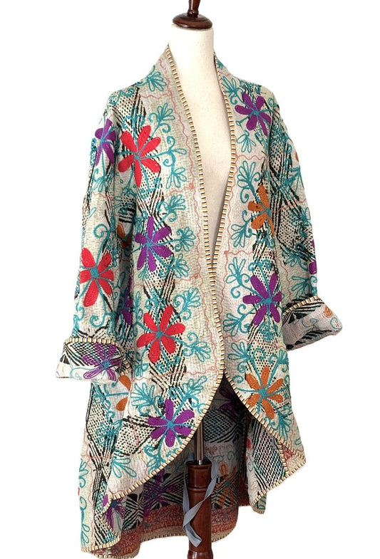 Tulip Cut Waist Coat Is Fully Reversible With Suzani And Kantha Stitching. (Green Blue)