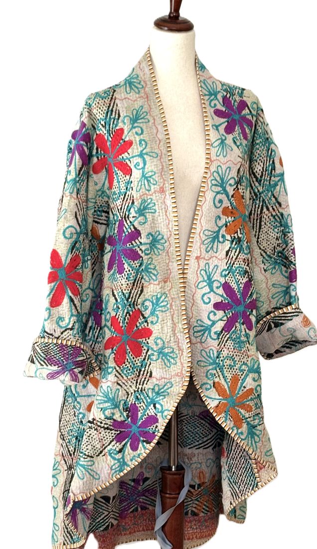 Tulip Cut Waist Coat Is Fully Reversible With Suzani And Kantha Stitching. (Green Blue)