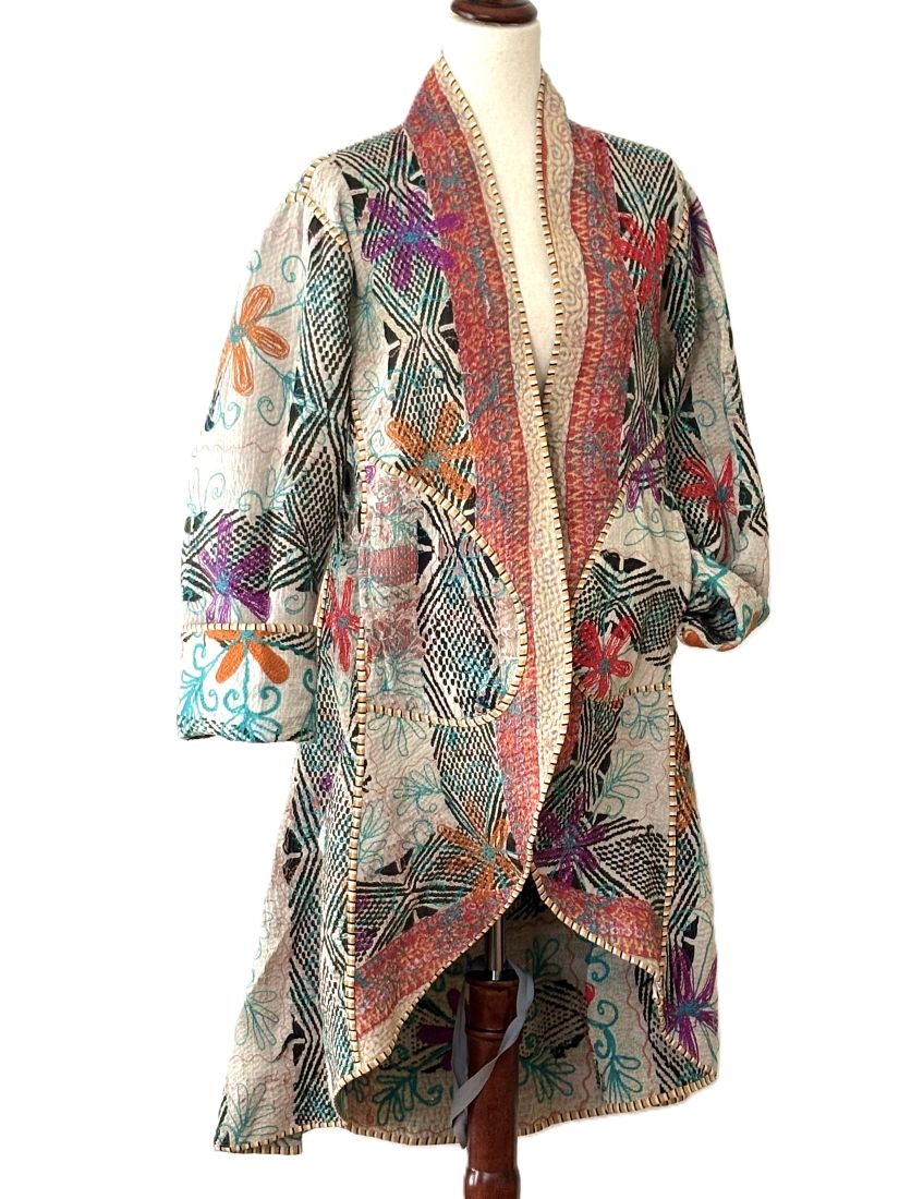 Tulip Cut Waist Coat Is Fully Reversible With Suzani And Kantha Stitching. (Green Blue)