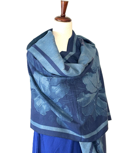 Blue / Navy Opening Flower Reversible Wrap/Scarf