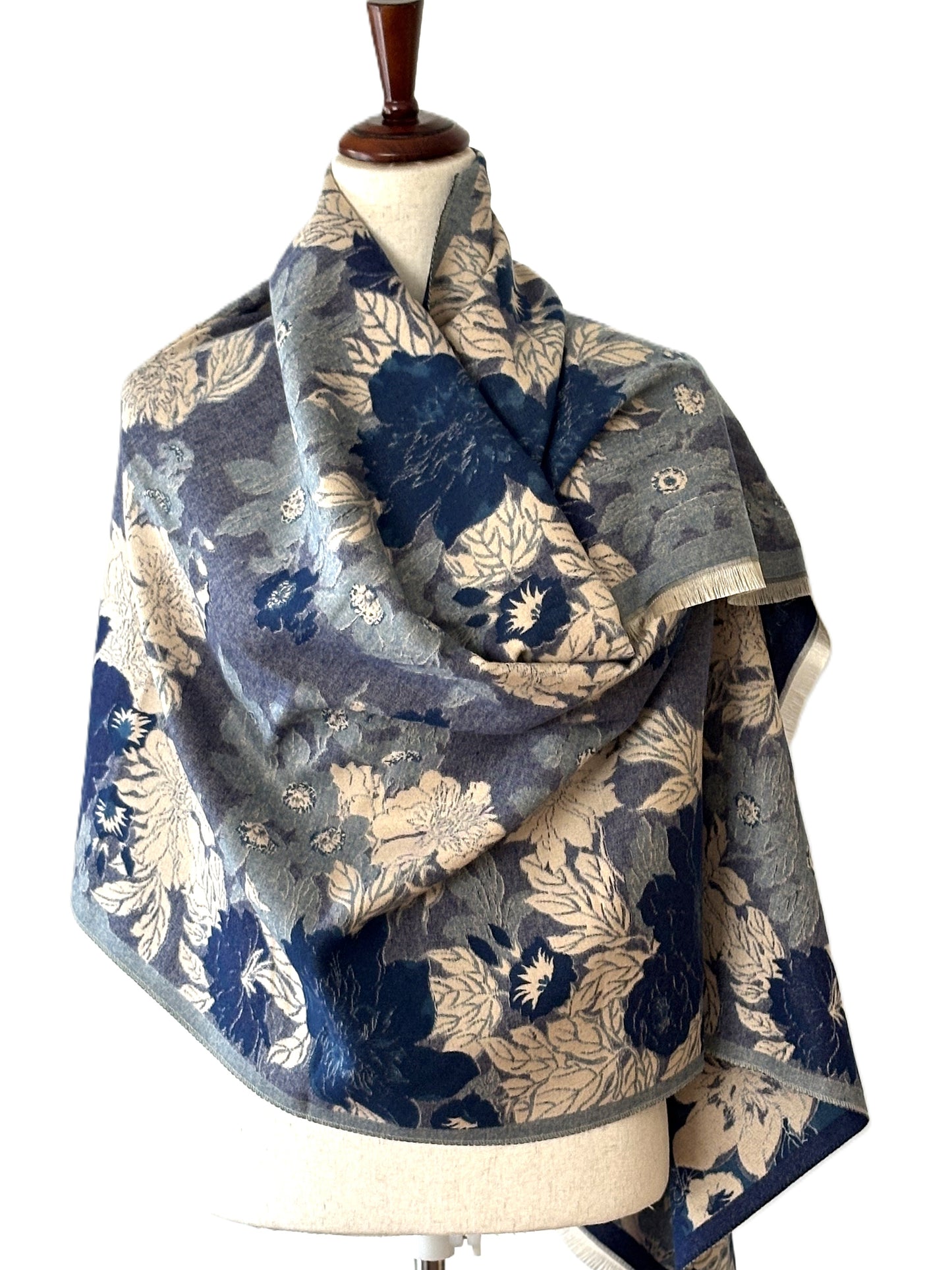 Blue / White Floral Reversible Wrap – Artisan Shawl