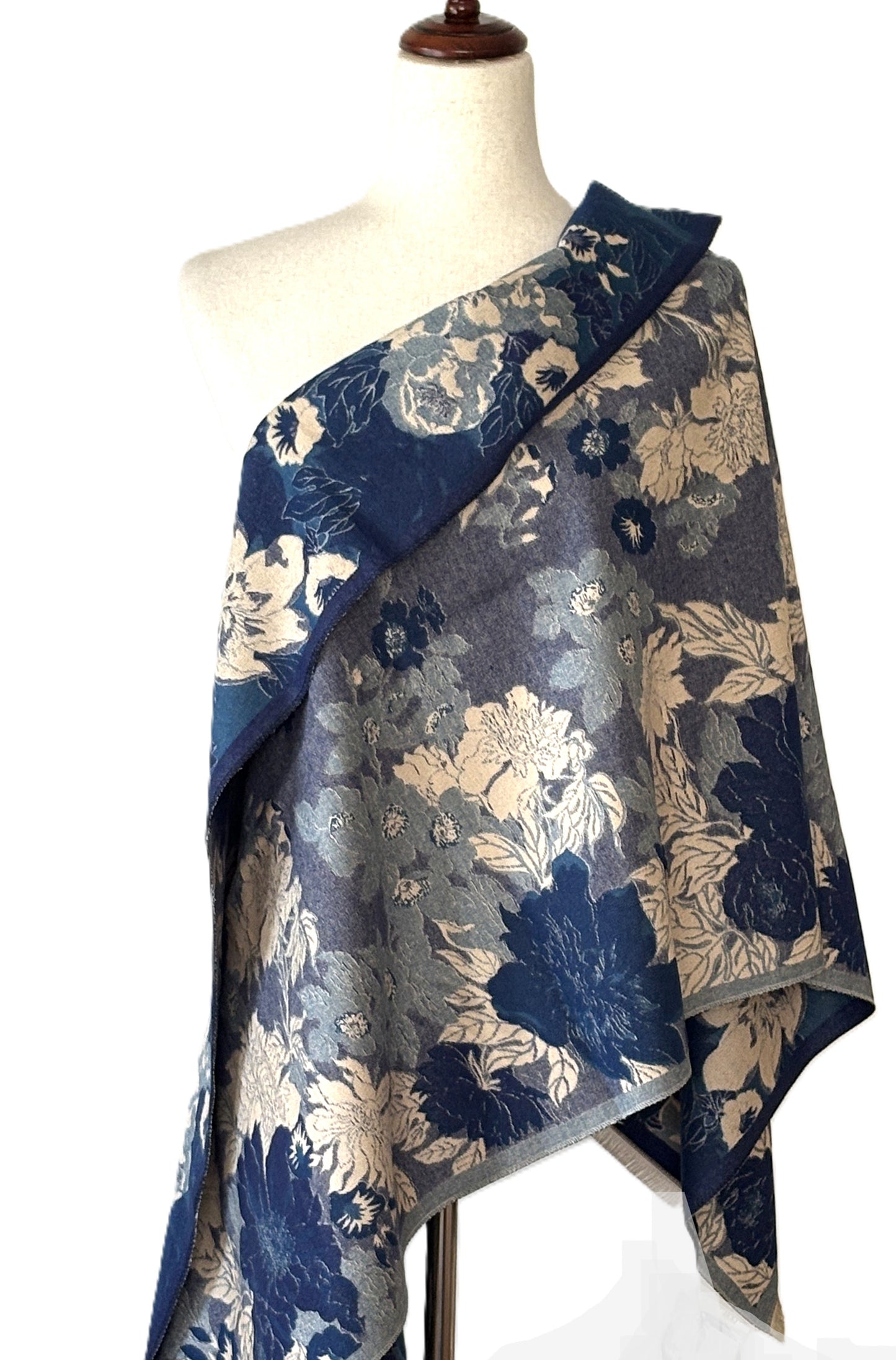 Blue / White Floral Reversible Wrap – Artisan Shawl
