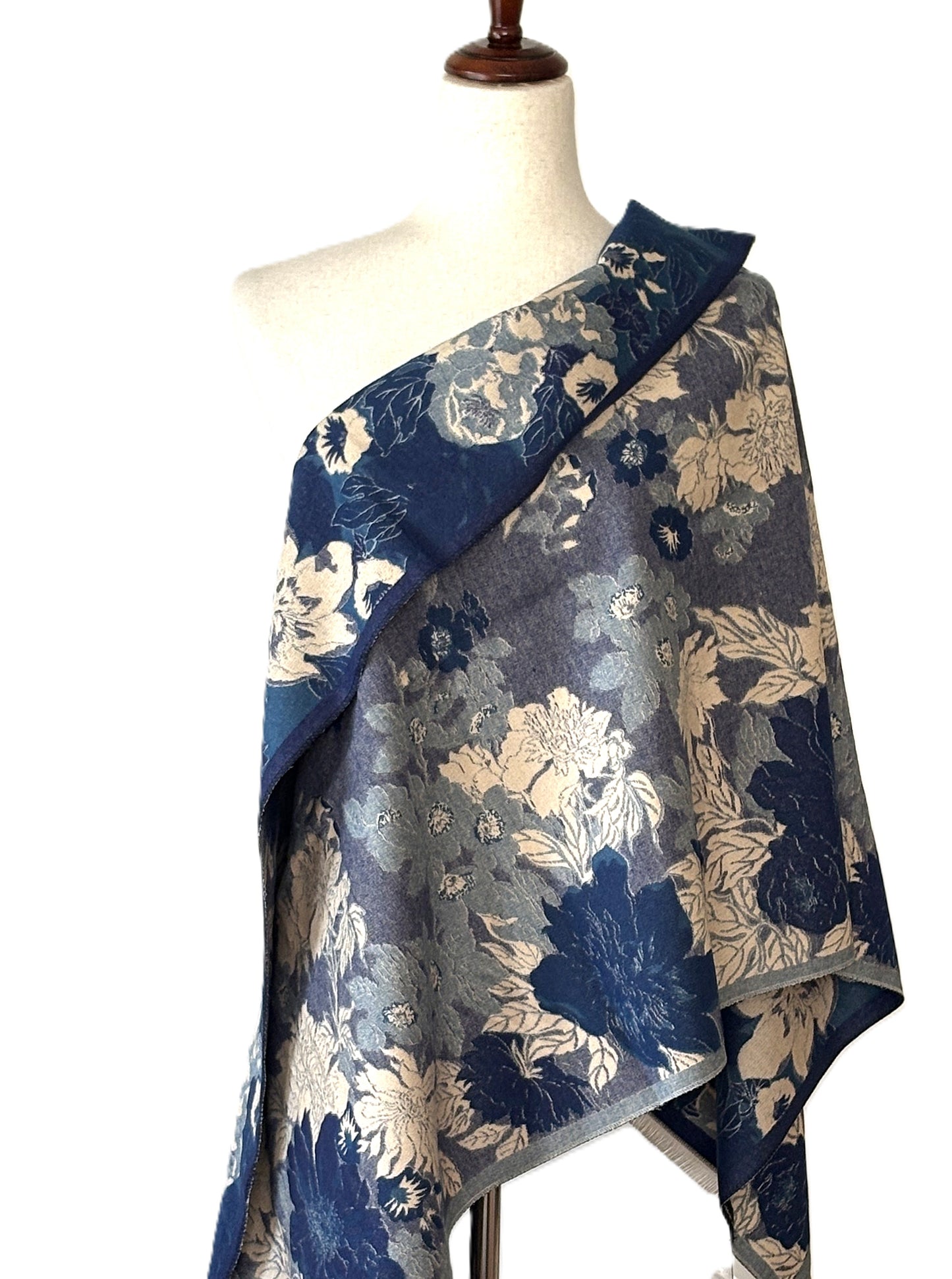 Blue / White Floral Reversible Wrap – Artisan Shawl