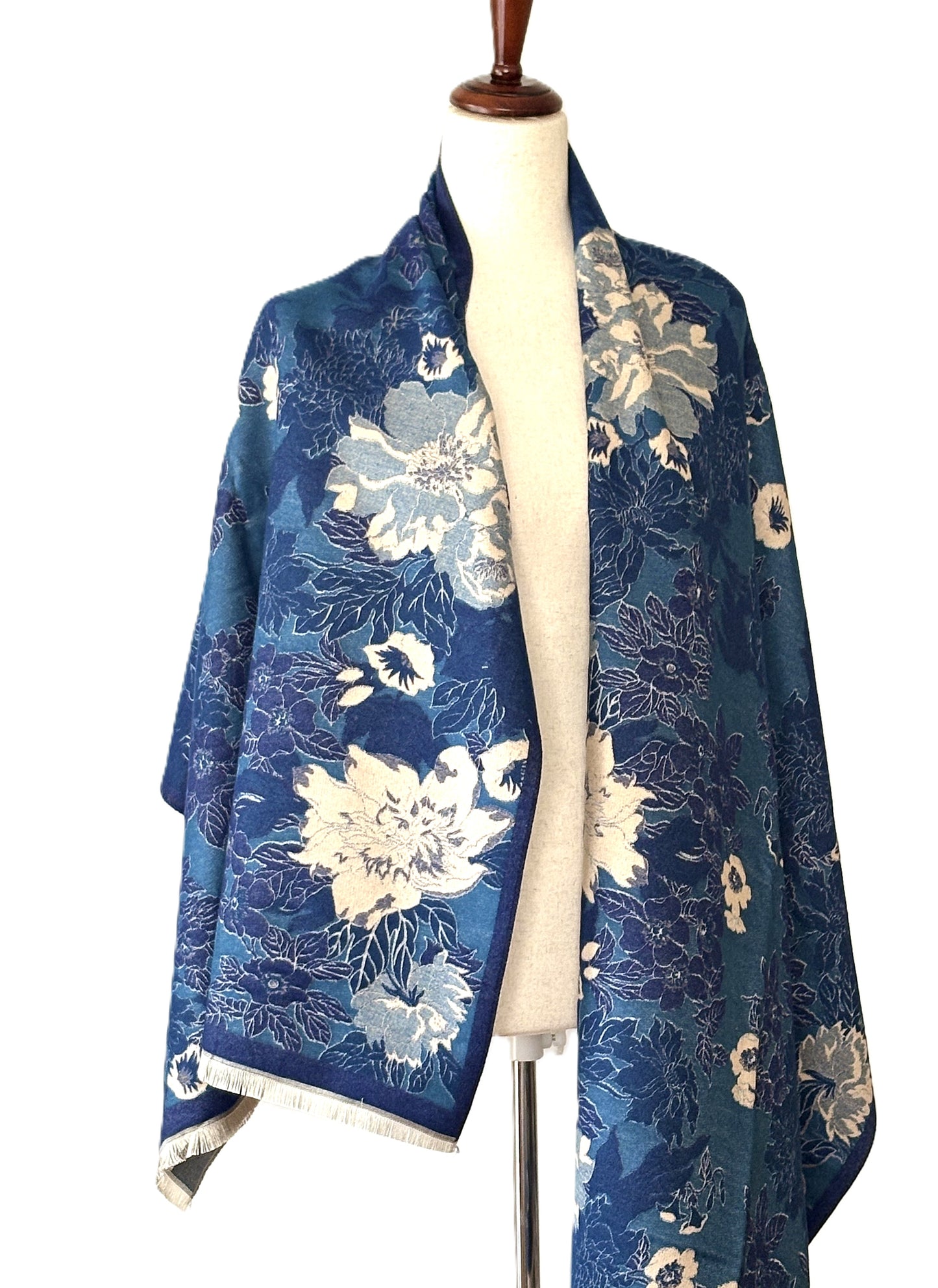 Blue / White Floral Reversible Wrap – Artisan Shawl