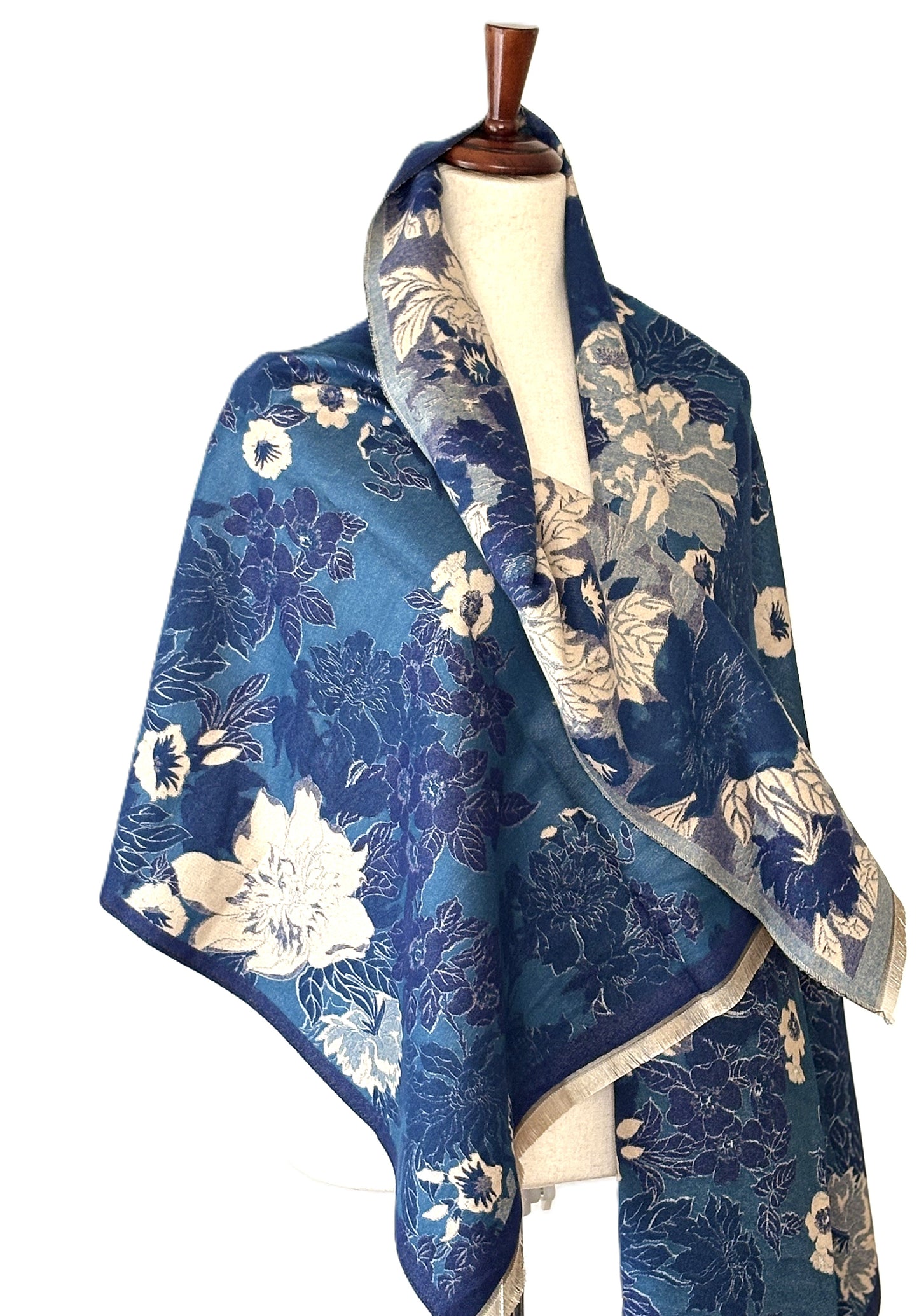 Blue / White Floral Reversible Wrap – Artisan Shawl