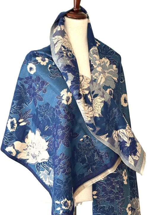 Blue / White Floral Reversible Wrap – Artisan Shawl