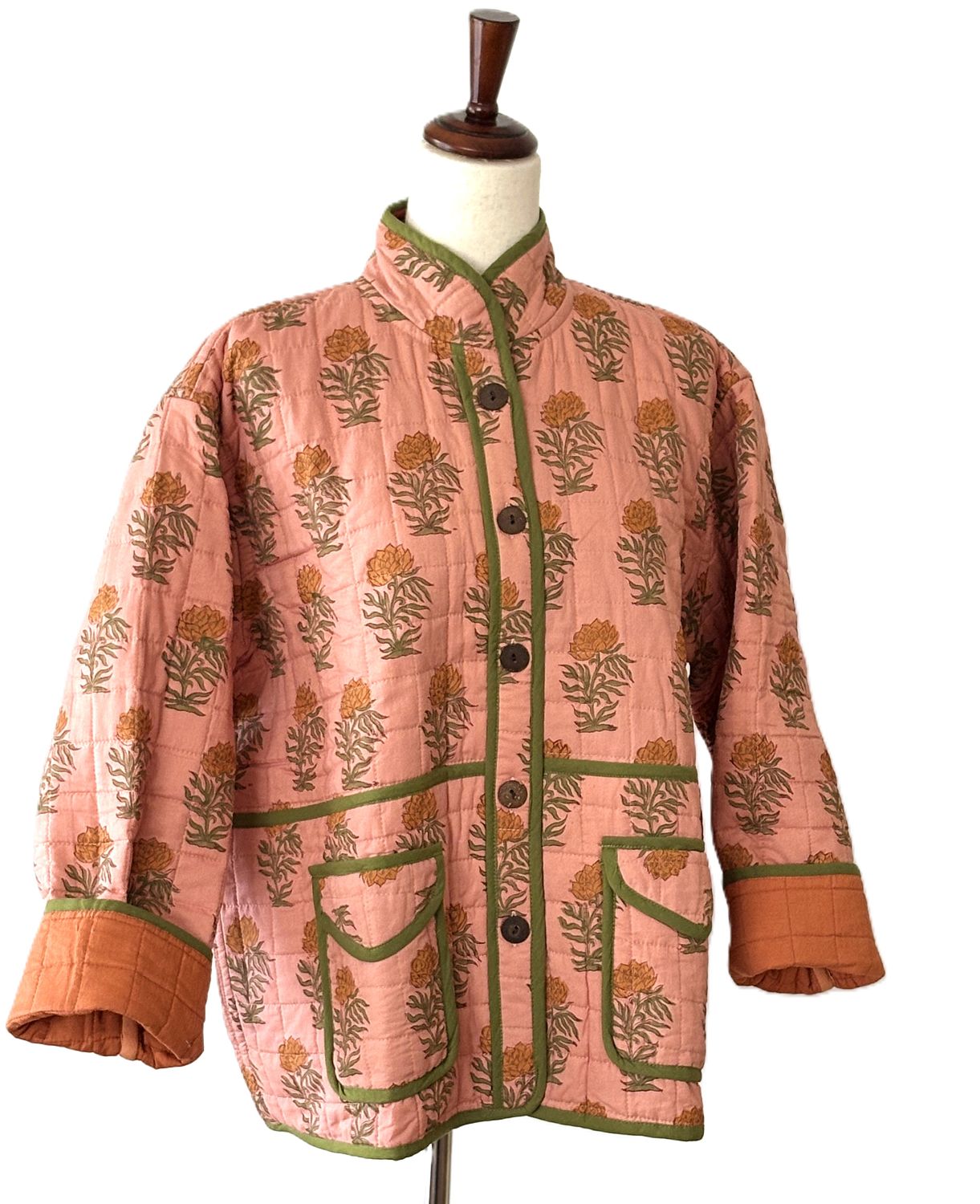 Jackets, Fully Reversible Short Quilted Jacket With Kantha Stitching. (Melon)