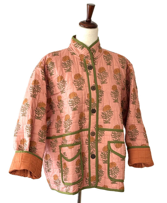 Jackets, Fully Reversible Short Quilted Jacket With Kantha Stitching. (Melon)