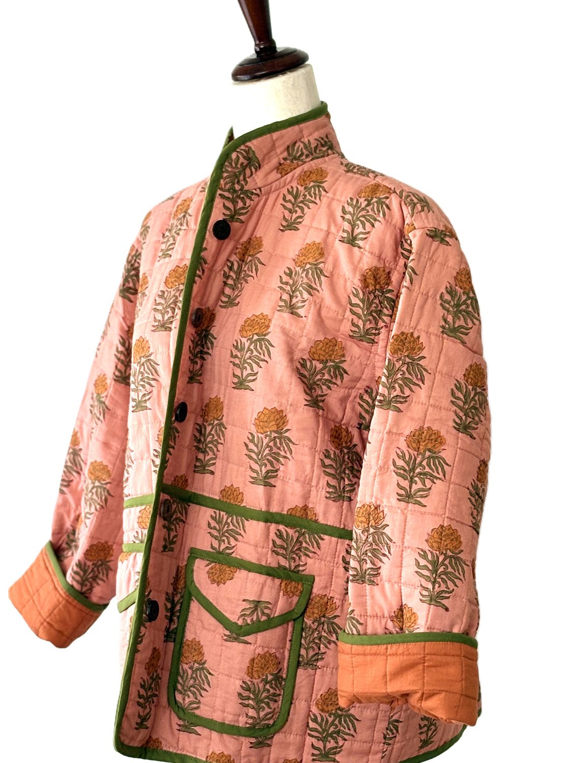 Jackets, Fully Reversible Short Quilted Jacket With Kantha Stitching. (Melon)