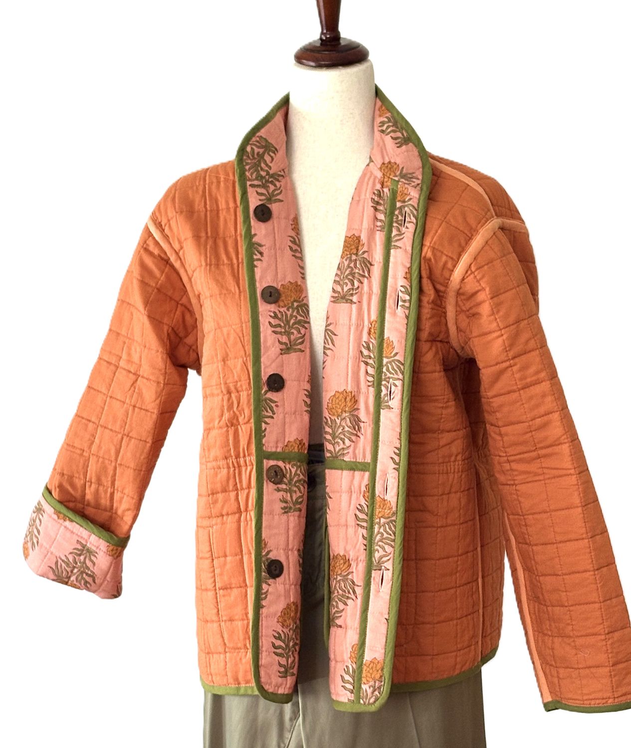 Jackets, Fully Reversible Short Quilted Jacket With Kantha Stitching. (Melon)