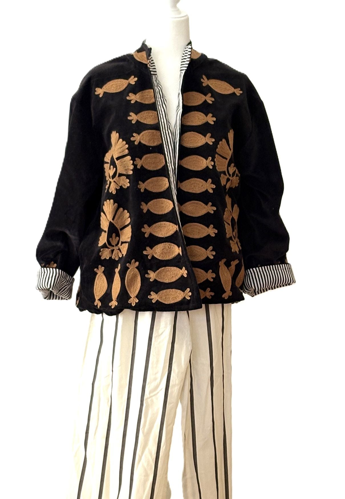 Jacket, Wearable Art In This Hand Embroidered Short Velvet Jacket, Reversible (Black)