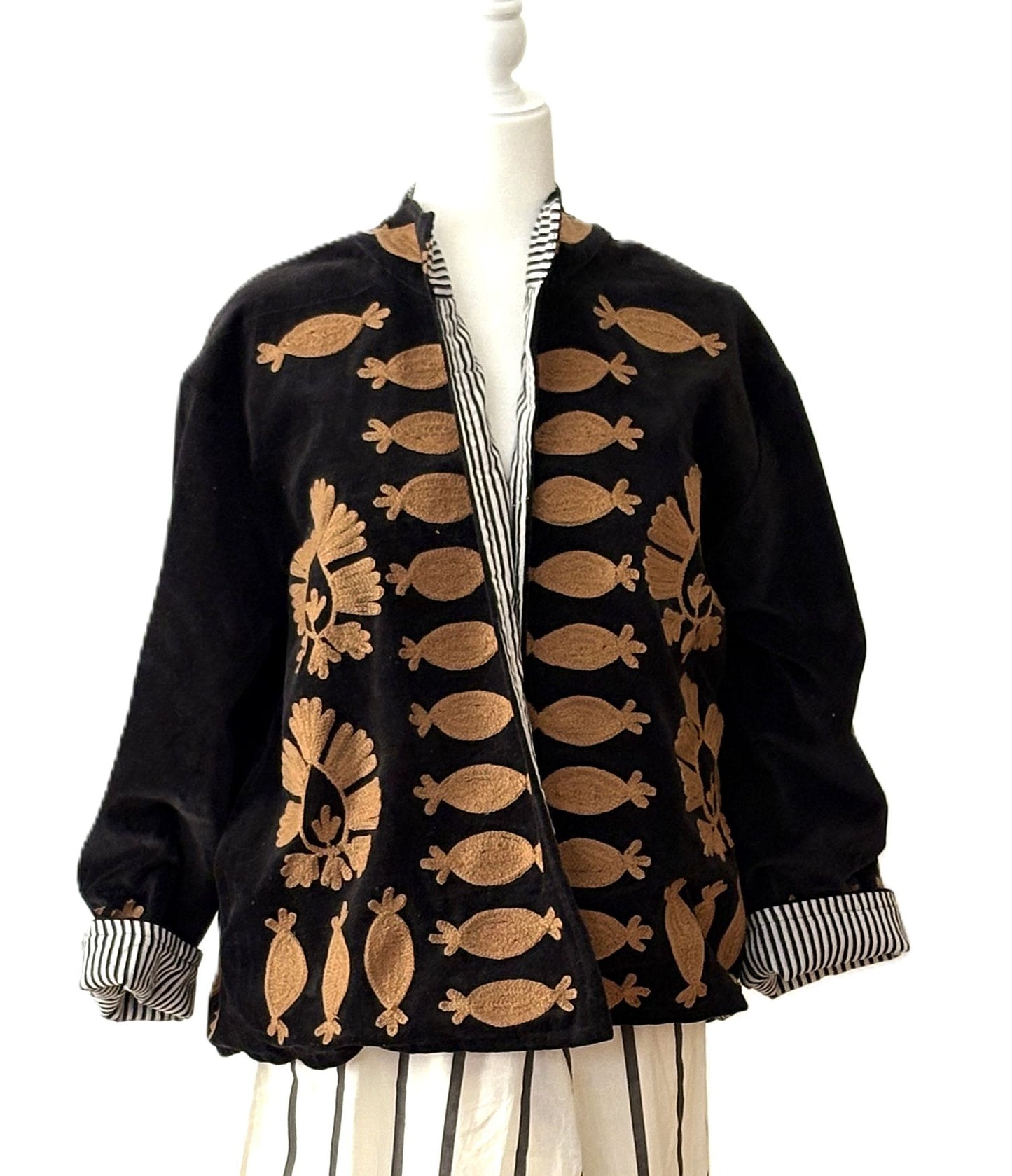 Jacket, Wearable Art In This Hand Embroidered Short Velvet Jacket, Reversible (Black)