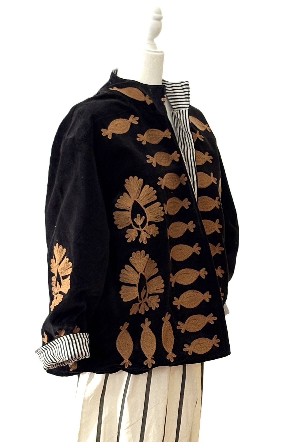 Jacket, Wearable Art In This Hand Embroidered Short Velvet Jacket, Reversible (Black)