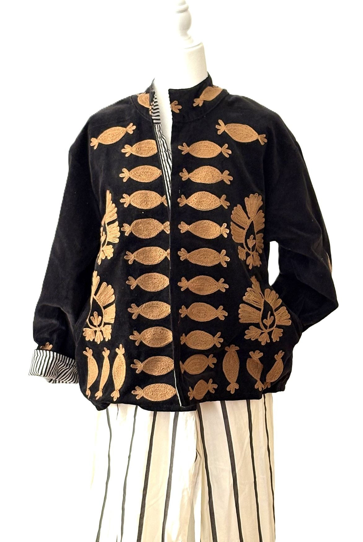 Jacket, Wearable Art In This Hand Embroidered Short Velvet Jacket, Reversible (Black)