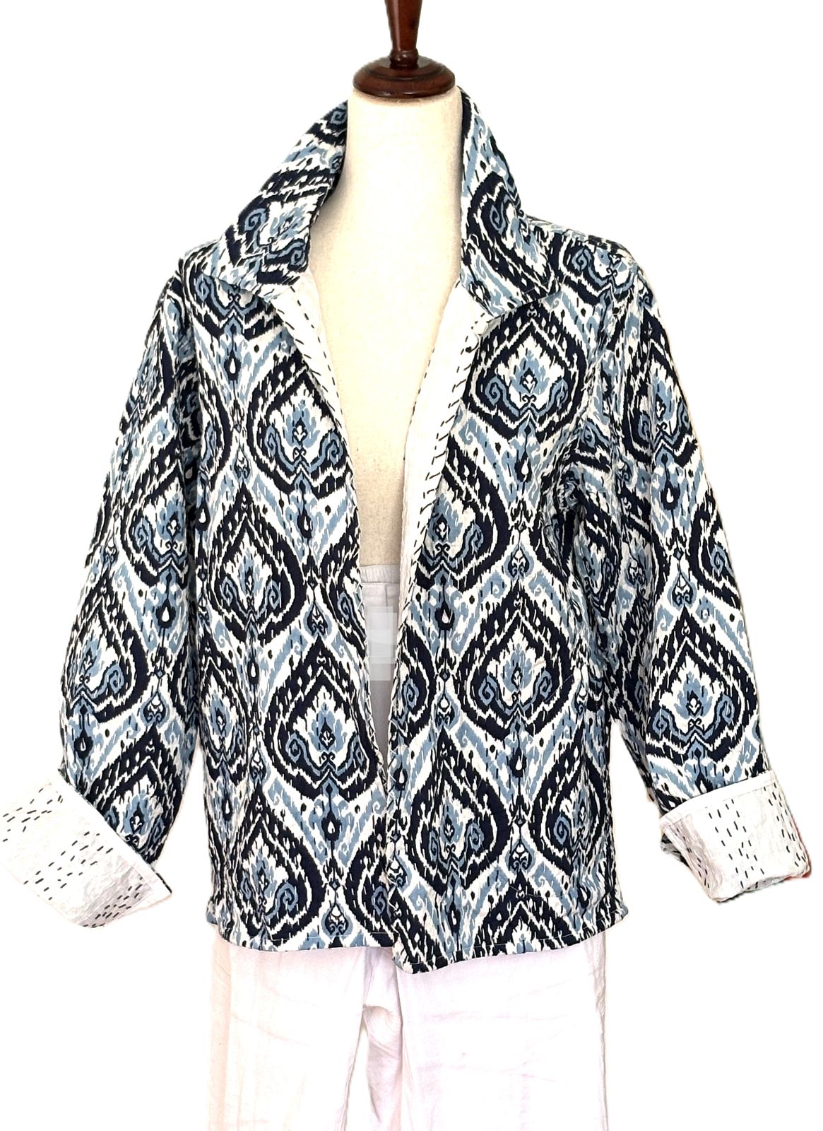 Kantha Quilted Short Handmade Cotton Jacket, Fully Reversible. Geometric Print.