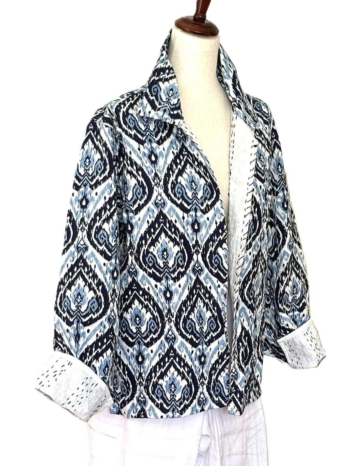 Kantha Quilted Short Handmade Cotton Jacket, Fully Reversible. Geometric Print.