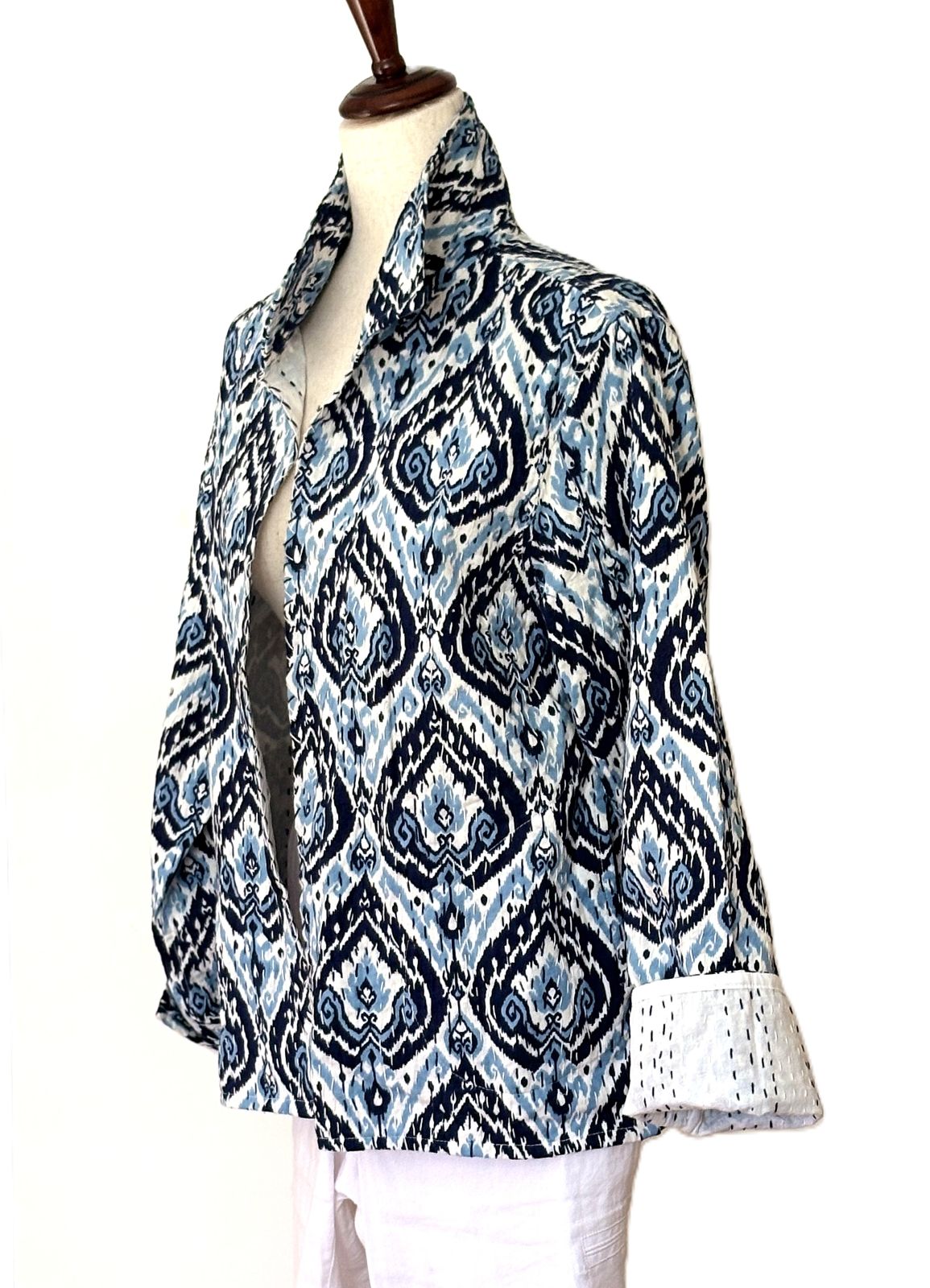 Kantha Quilted Short Handmade Cotton Jacket, Fully Reversible. Geometric Print.