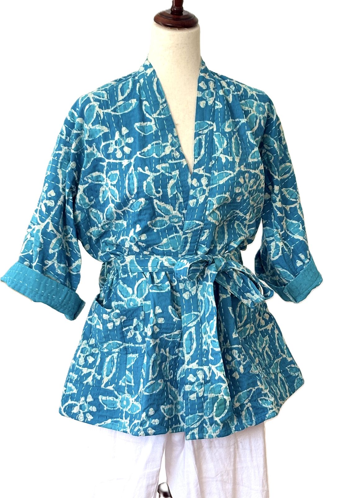 Kantha Quilted Short Handmade Cotton Jacket, Fully Reversible. (Turquoise)